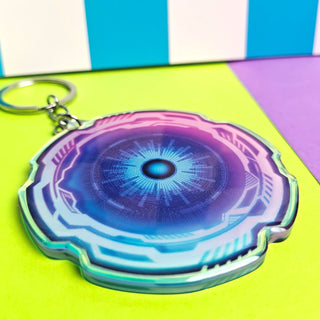 Keychain with a retro futuristic design on a colorful background