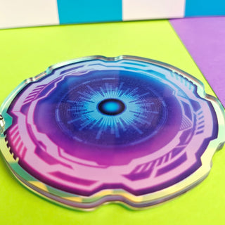 Colorful geometric design with a central blue circle on a multicolored background