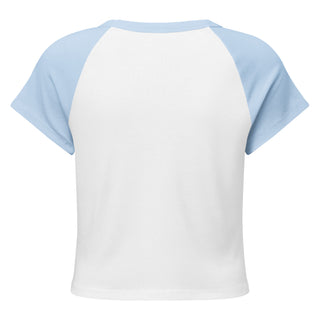 White t-shirt with light blue sleeves on a white background