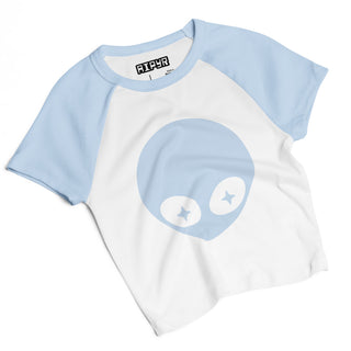 White t-shirt with blue sleeves and a blue graphic on a white background.