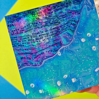 Colorful textured paper with text on a blue and yellow background