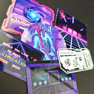 Neon-colored futuristic cards with digital interface design on a dark background
