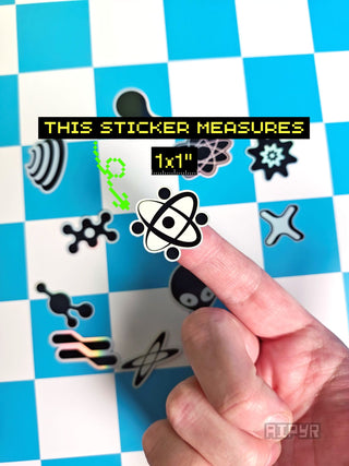 Sticker with atomic symbol on a checkered background, measured at 1x1".