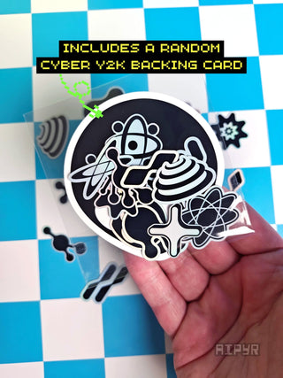 Sticker with a design on a checkered background, featuring text about a random Cyber Y2K backing card.
