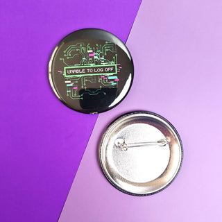Circular button badge with electronic design and text on a purple background