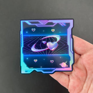 Cyberpunk Love Holographic Sticker by AIPYR laying on a human hand over a black background.