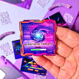 Hand holding a futuristic card with 'Alternate Reality' design on a purple and pink gradient background.