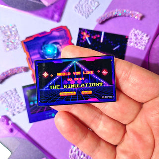 Hand holding a small electronic device with a retro-style screen displaying a question, against a colorful, abstract background.