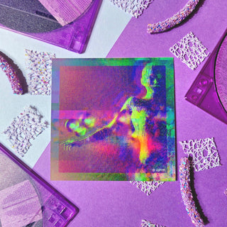 Colorful album cover with abstract design on a purple textured surface
