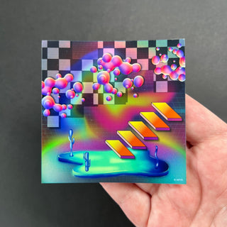 Dreamcore Fantasy Holographic Sticker by AIPYR laying on a human hand over a black background.