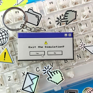 Keyboard with computer simulation dialog box and keychain on top