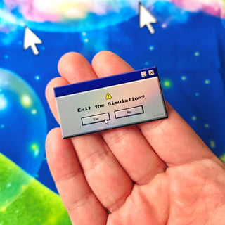 Hand holding a small computer screen with 'Exit the Simulation?' dialog box against a colorful, abstract background.
