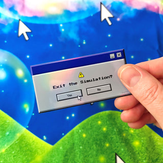 Hand holding a computer dialog box with 'Exit the Simulation?' question against a colorful, cartoon-like background.
