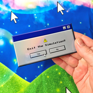 Hand holding a computer dialog box with 'Exit the Simulation?' question against a colorful, cartoon-like background.