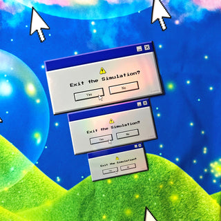 Multiple 'Exit the Simulation?' dialog boxes on a colorful, space-themed background