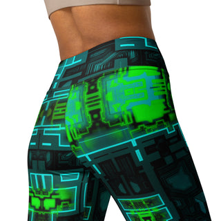 Leggings with a futuristic circuit board pattern on a white background