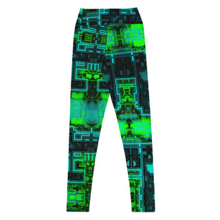 Leggings with a futuristic circuit board pattern on a white background