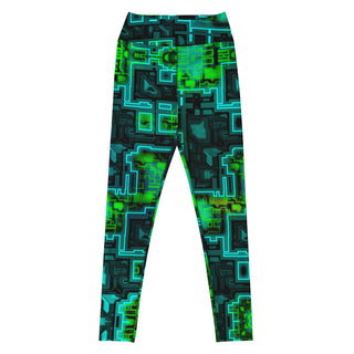 Leggings with a geometric pattern in green and black on a white background