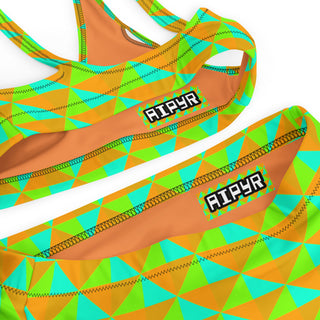 Close up view of the Green & Orange Illusion High Waist Bikini by AIPYR.