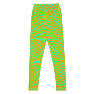 Neon green and orange patterned leggings on a white background