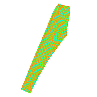 Neon green and blue patterned leggings on a white background