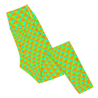 Neon green and orange geometric patterned leggings on a white background