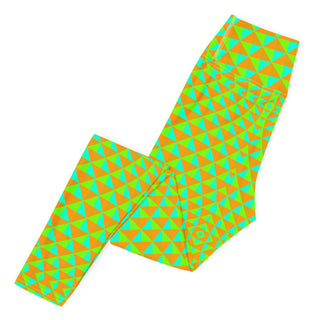 Neon green and orange geometric patterned leggings on a white background