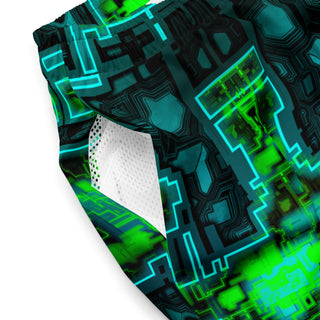 Close up view of the Green Glitch Swim Trunks by AIPYR.