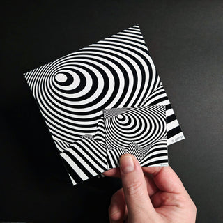 Land of Illusion mini print with black and white optical illusion landscape on glossy card stock