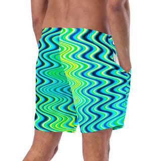 Back view of a man wearing the Neon Hypnosis Swim Trunks.