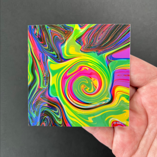 Neon Rainbow Swirl Holographic Sticker by AIPYR laying on a human hand over a black background.