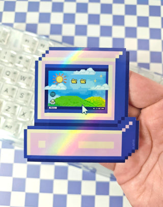 Pixelated handheld gaming device with a colorful screen held by a hand on a checkered background
