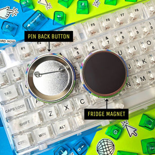Keyboard keycaps with a pin back button and fridge magnet feature on a colorful background.