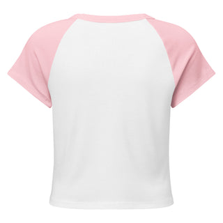 White t-shirt with pink sleeves on a white background.