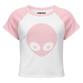 White t-shirt with pink sleeves and a pink heart design on a white background.