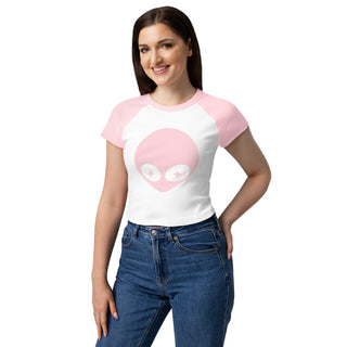 Woman wearing a white t-shirt with pink sleeves and a pink heart design on a white background.
