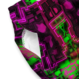 Close up view of the Pink Glitch Swim Trunks by AIPYR.