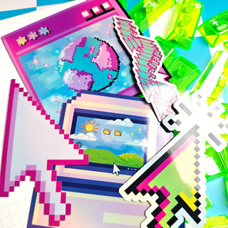 Colorful pixel art stickers with various designs on a white background