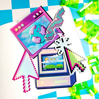 Colorful pixel art stickers on a checkered background