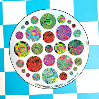 Circular design with colorful psychedelic circles on a blue and white checkered background