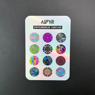 Psychedelic Circles Holographic Sticker Sheet by AIPYR laying flat on a black background.