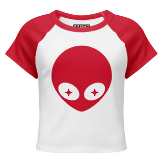 Front view of the Red Y2K Alien Head Baby Tee.