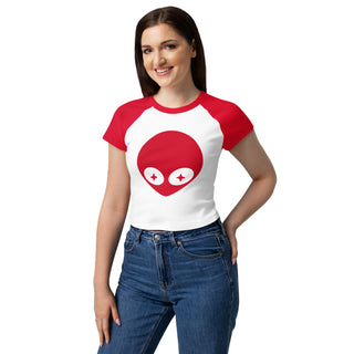 Woman wearing a red and white t-shirt with a heart design on a white background