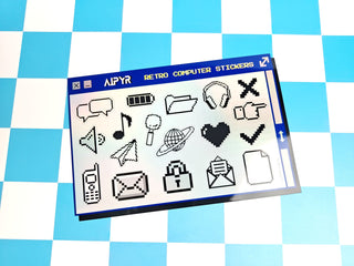 Sheet of computer-related stickers on a blue and white checkered background