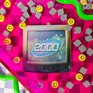 Small vintage television set on a pink checkered background with smiley faces and checkers.