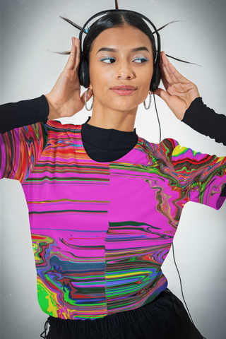 Split Glitch T-Shirt on a woman wearing headphones.