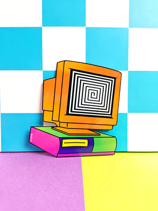 Colorful illustration of a computer monitor on a checkered background