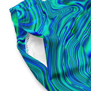 Close up view of the Trippy Frutiger Aero Swim Trunks by AIPYR.