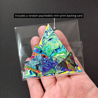 Colorful triangular psychedelic design held in a hand with a clear card.