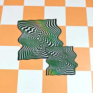 Wavy, multicolored pattern on a checkered background